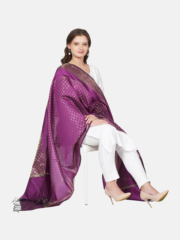 Purple Banarasi Silk Dupatta with Woven Gold Zari Butti & Ornate Border (Size: 2.5x1 m Approx)