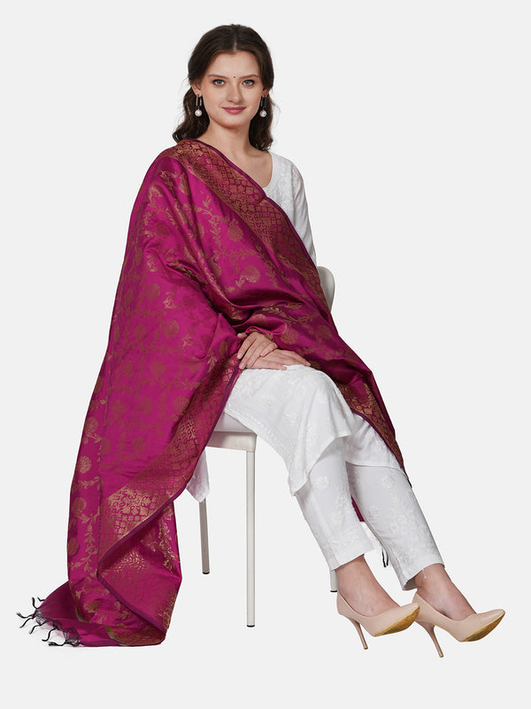 Rani Banarasi Silk Dupatta with All-Over Woven Floral Motifs & Rich Zari Border (Size: 2.5x1 m Approx)