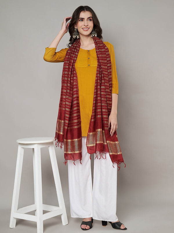 Red & Olive Cotton Dupatta with Subtle Striped Weave and Woven Border (Size: 2.5x1 m Approx)