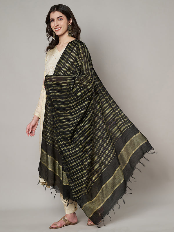 Black & Olive Cotton Dupatta with Subtle Striped Weave and Woven Border (Size: 2.5x1 m Approx)