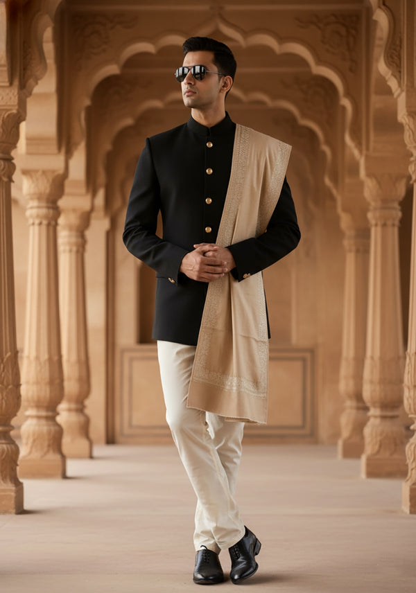 Beige Woolen Mens Shawl with Gold Border – 80x40 Inches