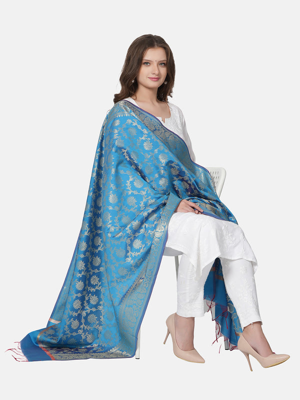 Sky Blue Banarasi Silk Dupatta with All-Over Woven Floral Motifs & Rich Zari Border (Size: 2.5x1 m Approx)