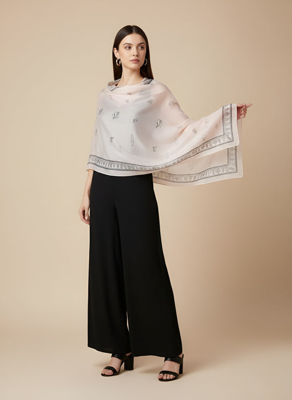 Printed Silk Women Stole with Artistic Motif Design | Elegant Lightweight Wrap (80 × 28 Inches)