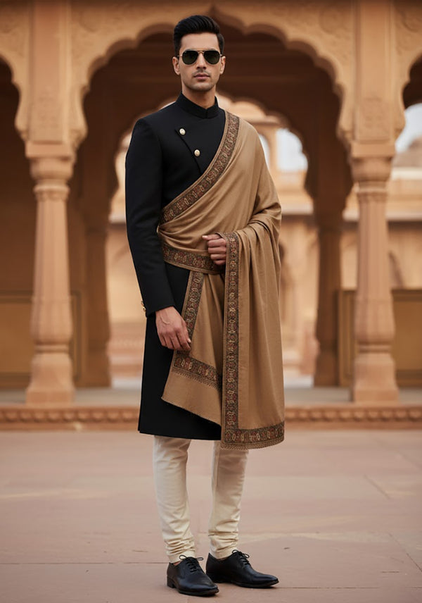 Woolen Mens Shawl in Warm Mocha Brown with Heritage-Inspired Embroidered Border (80 x 40 Inches)