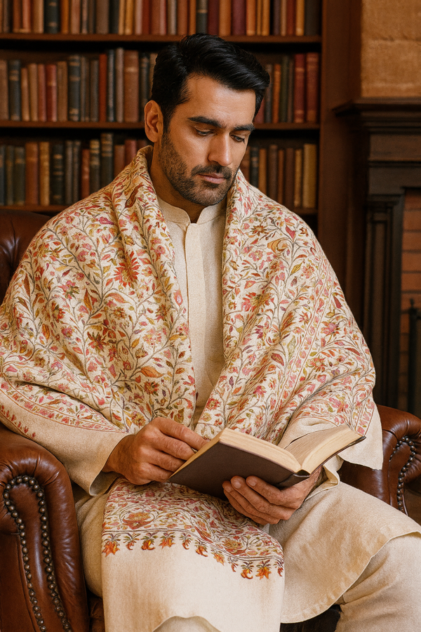 Printed Bamboo Silk Mens Shawl – White Floral Classic Wrap (80 x 40 Inches)