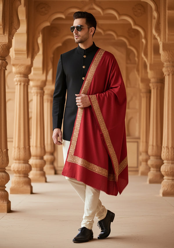 Solid Maroon Woolen Mens Shawl with Rich Embroidered Border – 80 x 40 Inches