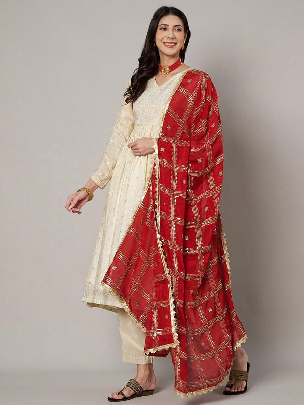 Red Chinon Dupatta with Gold Grid Embellishment (Size: 2.5x1 m Approx)