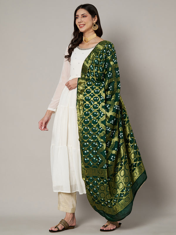 Green Silk Gharchola Bandhej Dupatta with Gold Zari Border (Size: 2.5x1 m Approx)