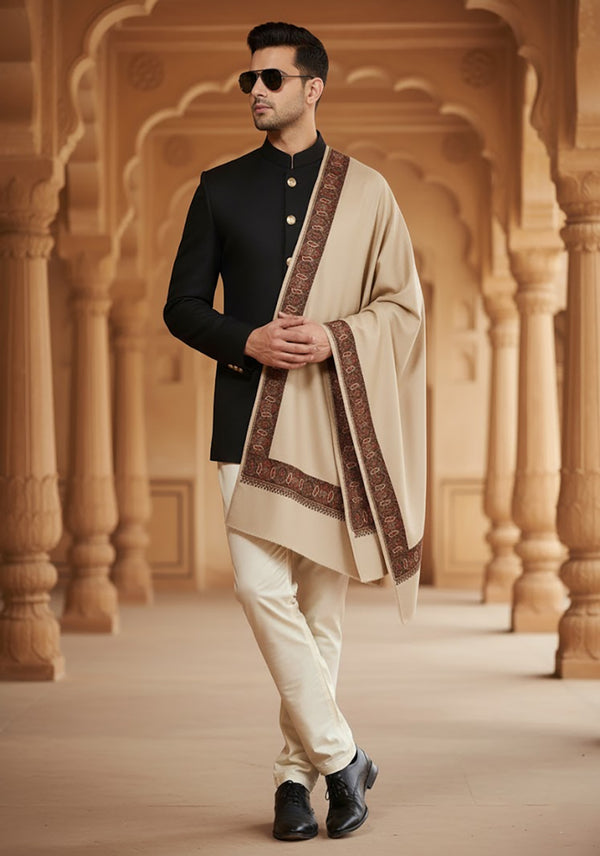 Woolen Mens Shawl in Light Brown with Heritage-Inspired Embroidered Border (80 x 40 Inches)