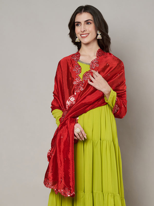 Red Silk Dupatta with Scalloped Cutwork Border & Sequin Highlights (Size: 2.5x1 m Approx)