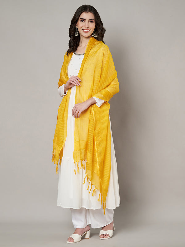 Elegant Yellow Cotton Dupatta with Subtle Woven Stripes & Tassel Detailing (Size: 2.5x1 m Approx)