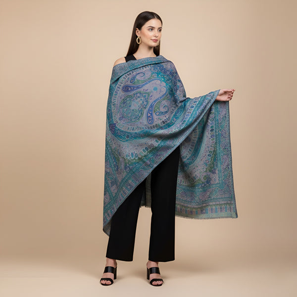 Kani Work Bamboo Silk Cutwork Women Shawl – Teal & Blue Elegance (80 x 40 Inches)