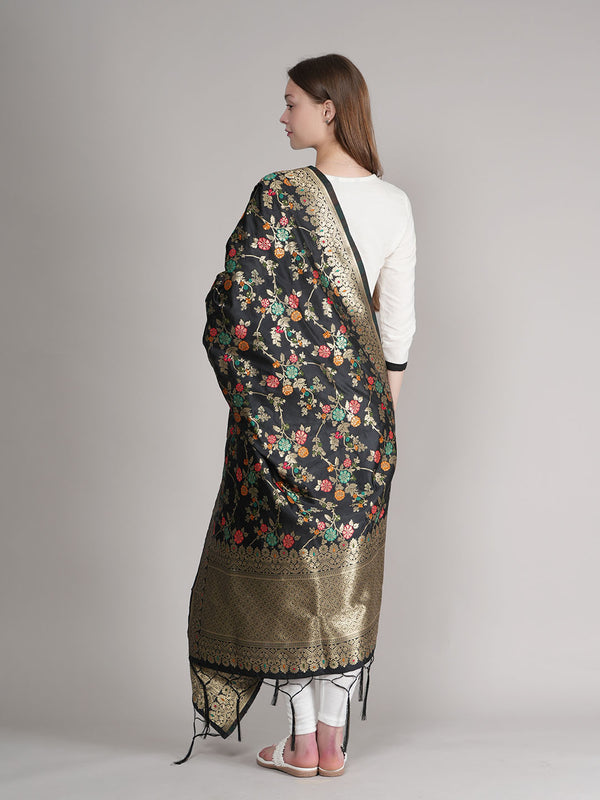 Black Paithani Silk Dupatta with Multicolour Floral Zari Weave (Size: 2.5x1 m Approx)