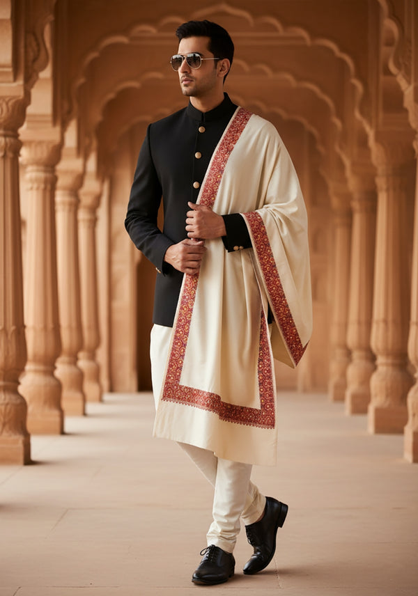 White Woolen Mens Shawl with Traditional Embroidered Border (80 x 40 Inches)