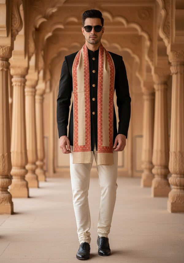 Beige Woolen Mens Shawl with Traditional Embroidered Border (80 x 40 Inches)
