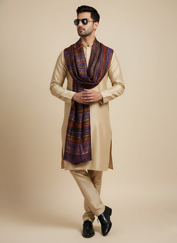 Woolen Zig-Zag Moonlight Zari Mens Stole | Heritage Wrap (80 x 28 Inches)