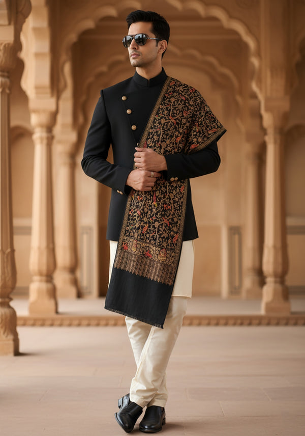Woolen Mens Shawl with Traditional Bird & Floral Jaal Motifs and Ornate Woven Border (80 x 40 Inches)
