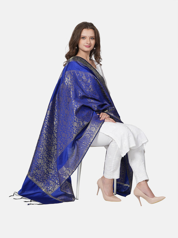 Blue Banarasi Silk Dupatta with Intricate Woven Zari Motifs & Classic Border (Size: 2.5x1 m Approx)