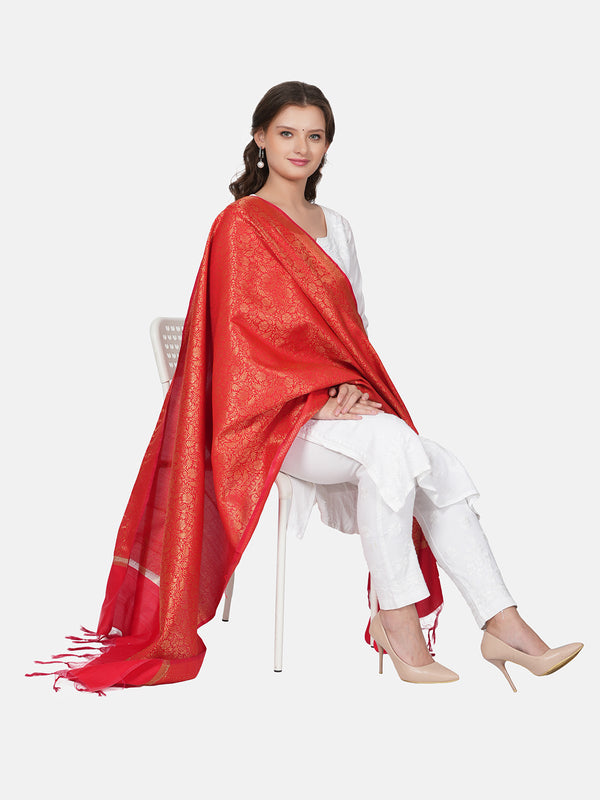 Red Banarasi Silk Dupatta with All-Over Woven Floral Zari Jaal (Size: 2.5x1 m Approx)