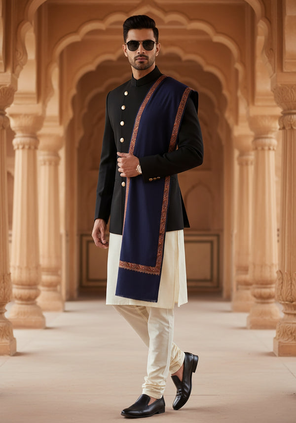 Classic Woolen Mens Shawl with Embroidered Border in Rich Blue (80 x 40 Inches)