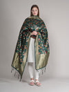 Bottle Green Paithani Silk Dupatta with Multicolour Floral Zari Weave (Size: 2.5x1 m Approx)