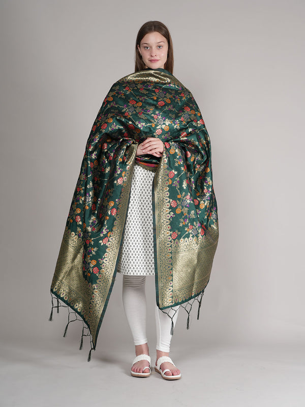 Bottle Green Paithani Silk Dupatta with Multicolour Floral Zari Weave (Size: 2.5x1 m Approx)