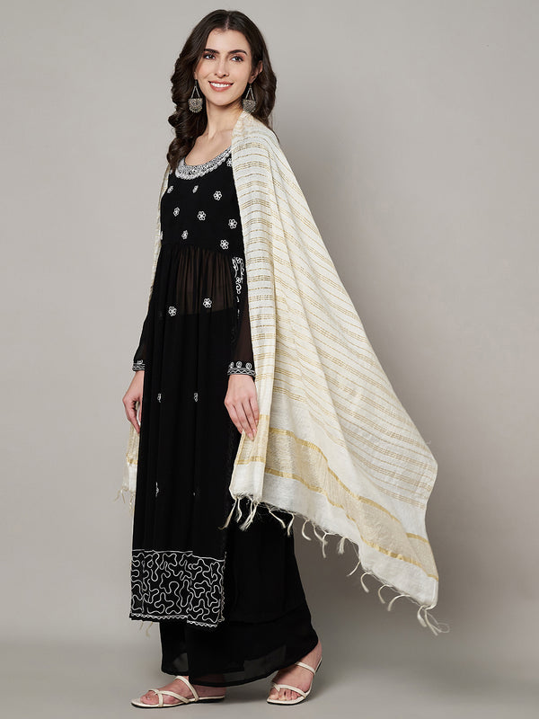 White & Olive Cotton Dupatta with Subtle Striped Weave and Woven Border (Size: 2.5x1 m Approx)