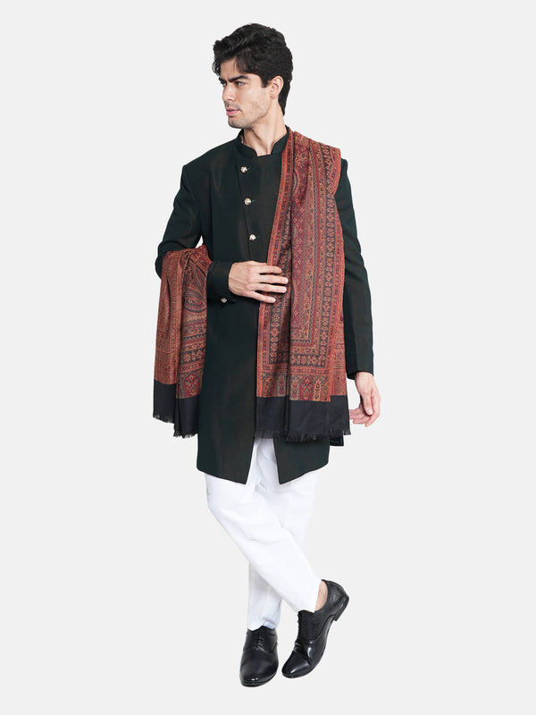Black Jamawar Wool Blend Mens Shawl with Intricate Paisley Weave – 80×40 Inches