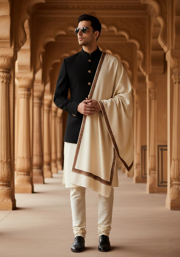 Ivory Woolen Mens Shawl with Traditional Multicolour Embroidered Border (80 x 40 Inches)