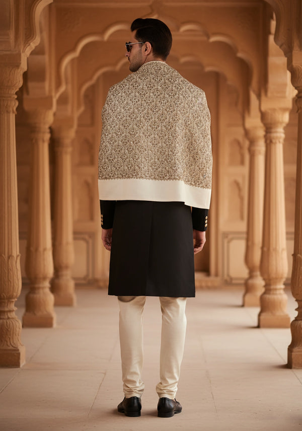 Woolen Mens Shawl in White with All-Over Floral Jaal Weave (80 x 40 Inches)