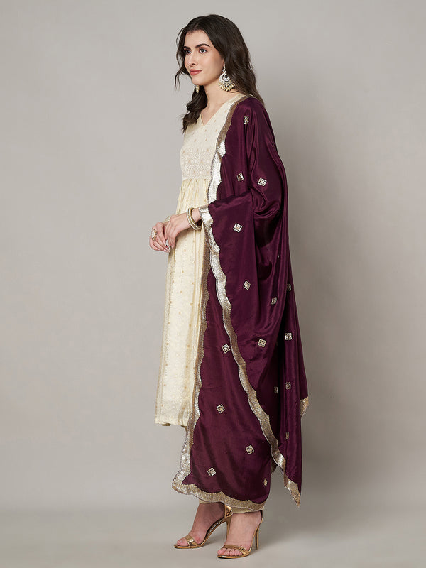 Wine Chiffon Dupatta with Gold Motif Embellishment & Scalloped Border (Size: 2.5x1 m Approx)