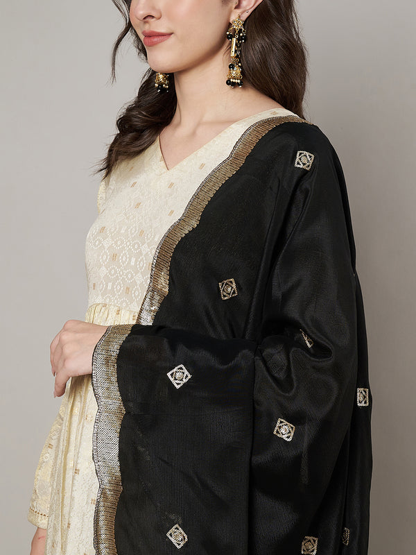 Black Chiffon Dupatta with Gold Motif Embellishment & Scalloped Border (Size: 2.5x1 m Approx)