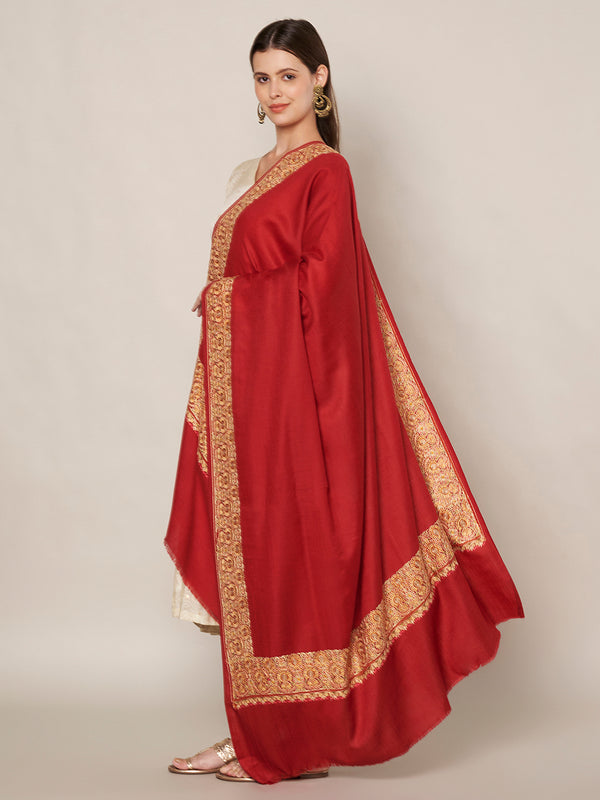 Solid Maroon Woolen Women Shawl with Rich Embroidered Border – 80 x 40 Inches