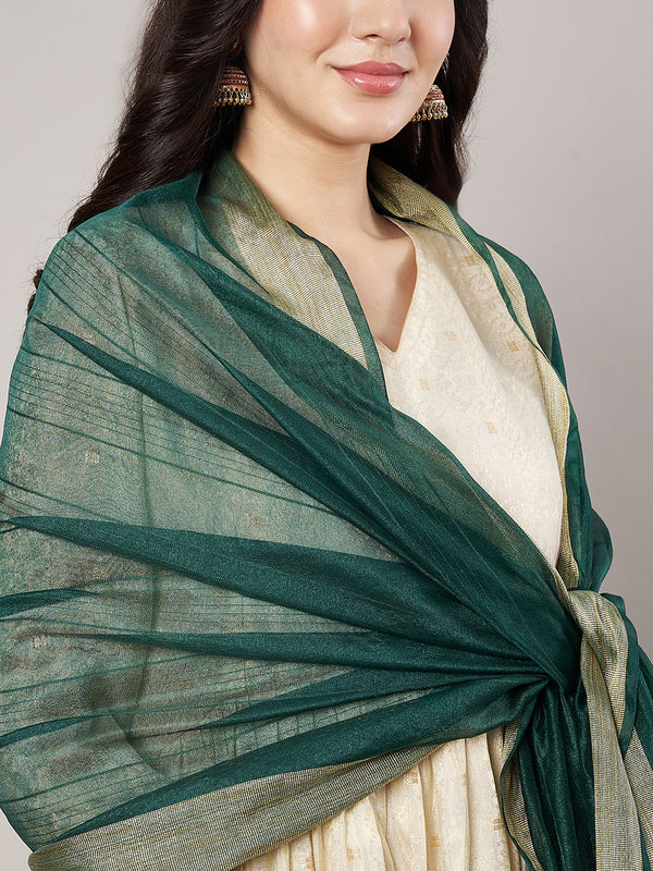 Bottle Green Chanderi Silk Dupatta with Gold Border & Tassels (Size: 2.5x1 m Approx)