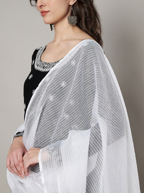 Elegant White Cotton Dupatta with Subtle Woven Stripes & Tassel Detailing (Size: 2.5x1 m Approx)