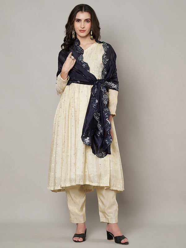 Blue Silk Dupatta with Scalloped Cutwork Border & Sequin Highlights (Size: 2.5x1 m Approx)