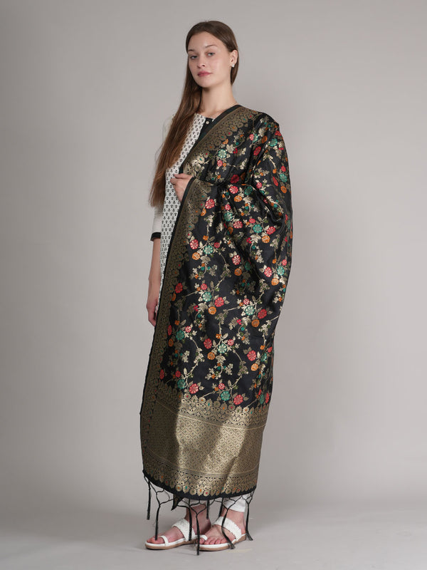 Black Paithani Silk Dupatta with Multicolour Floral Zari Weave (Size: 2.5x1 m Approx)
