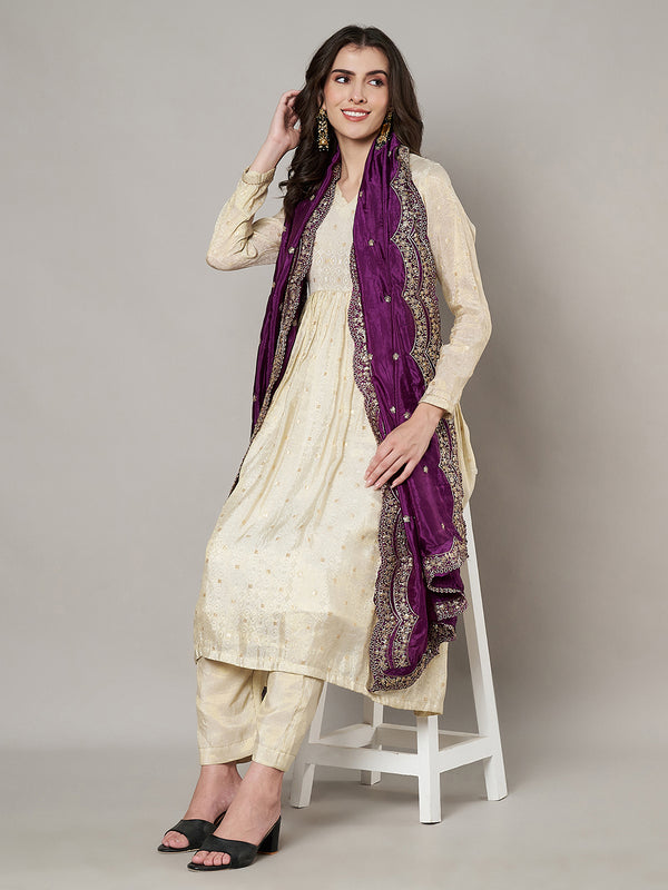 Purple Chinon Dupatta with Scalloped Embroidered Border & Sequin Motifs (Size: 2.5x1 m Approx)
