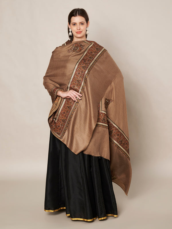 Brown Woolen Women Shawl with Intricate Embroidered Detailing – Winter Wrap (80 x 40 Inches)