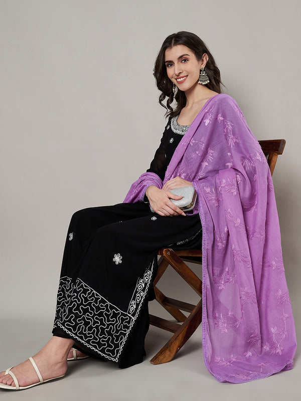 Soft Purple Dupatta with Cotton Thread Floral Embroidery & Lace Border (Size: 2.5x1 m Approx)