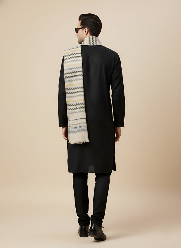 Woolen Zig-Zag Moonlight Zari Mens Stole | Heritage Wrap (80 x 28 Inches)