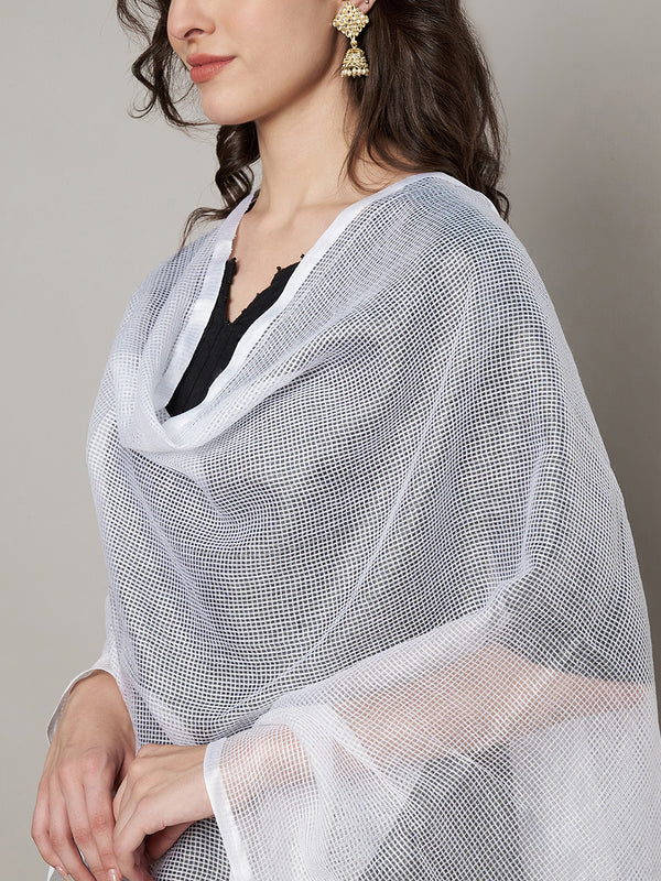 White Sheer Handwoven Cotton Dupatta with Tassel Finish (Size: 2.5x1 m Approx)
