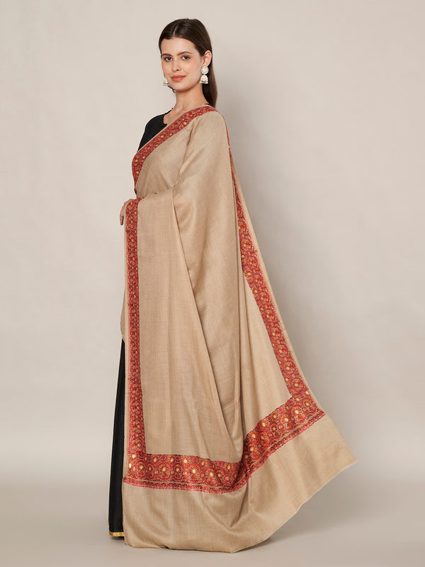 Brown Woolen Women Shawl with Traditional Embroidered Border (80 x 40 Inches)