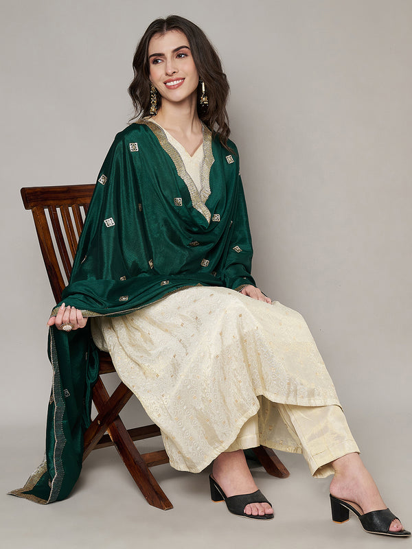 Bottle Green Chiffon Dupatta with Gold Motif Embellishment & Scalloped Border (Size: 2.5x1 m Approx)