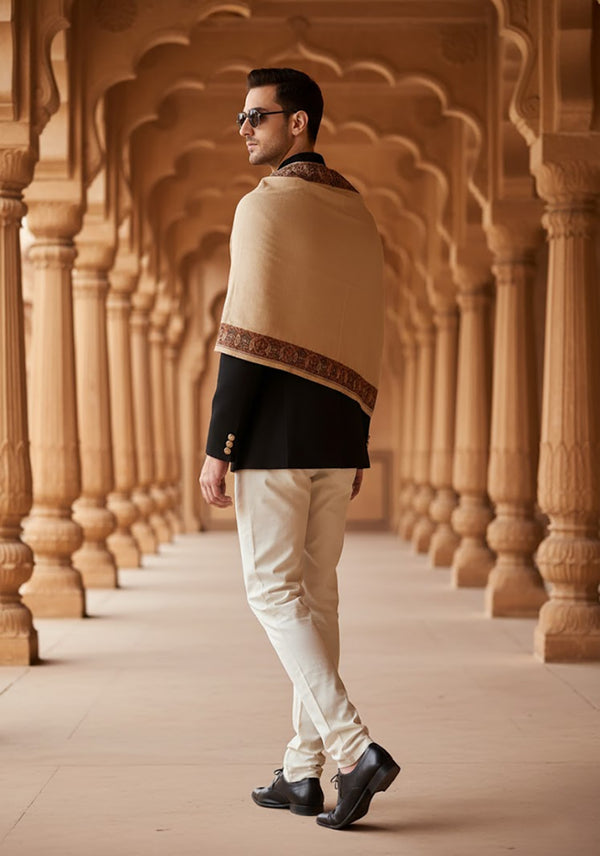 Woolen Mens Shawl in Warm Beige with Heritage-Inspired Embroidered Border (80 x 40 Inches)