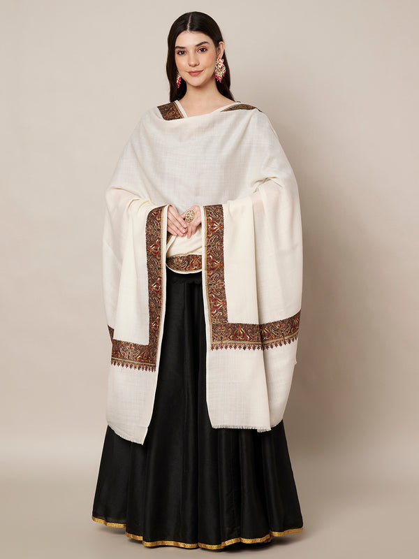 Ivory Woolen Women Shawl with Traditional Multicolour Embroidered Border (80 x 40 Inches)