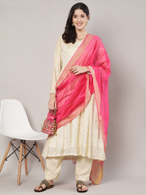 Rani Chanderi Silk Dupatta with Gold Border & Tassels (Size: 2.5x1 m Approx)