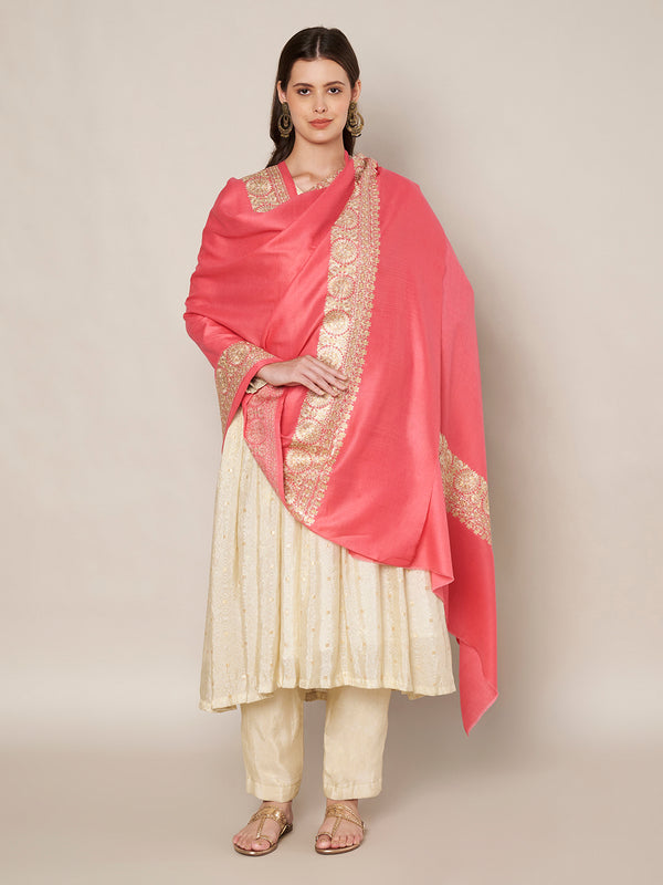 Pink Woolen Women Shawl with Gold Border – 80x40 Inches