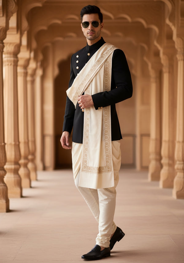 White Woolen Mens Shawl with Gold Border – 80x40 Inches