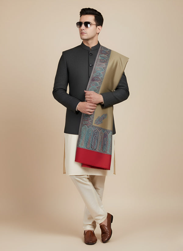 Bamboo Silk Gold Mens Shawl with Ornate Paisley Border | Classic Heritage Wrap (80 × 40 Inches)